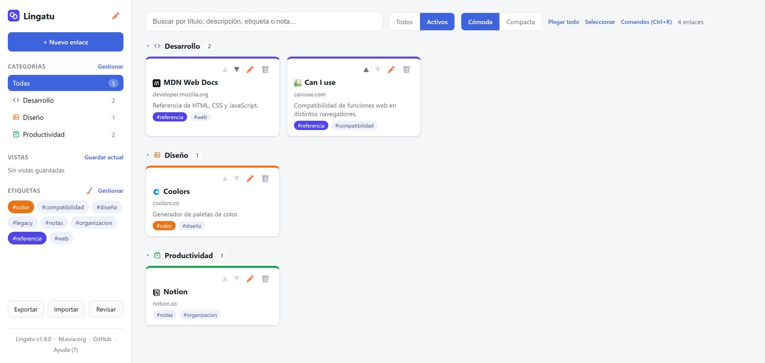 Lingatu en vista cómoda: los enlaces aparecen agrupados por categoría en tarjetas, cada una con su color e icono, y el lateral muestra las categorías y etiquetas para filtrar.
