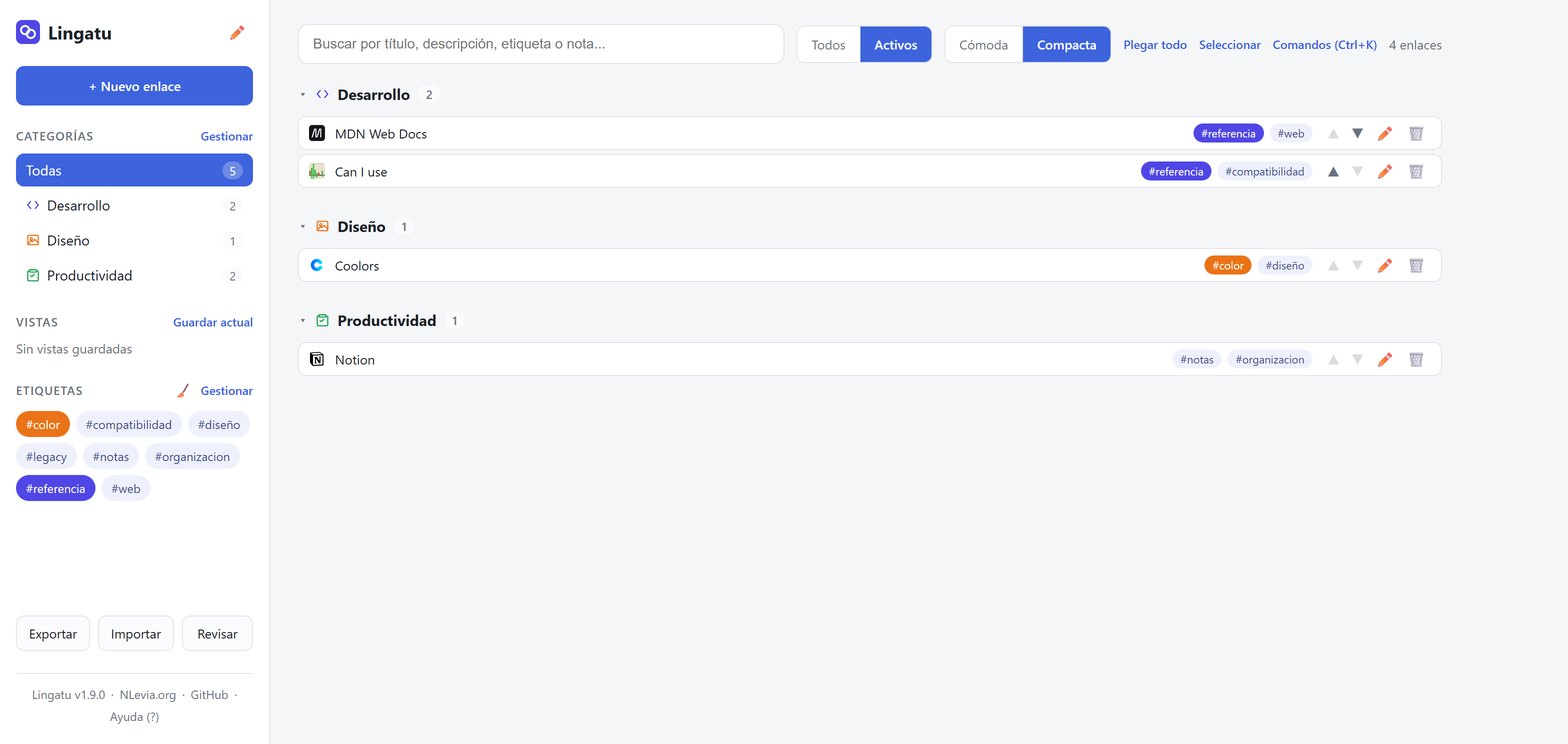 Lingatu en vista compacta: los enlaces se muestran en una lista densa, con su favicon, título y etiquetas.