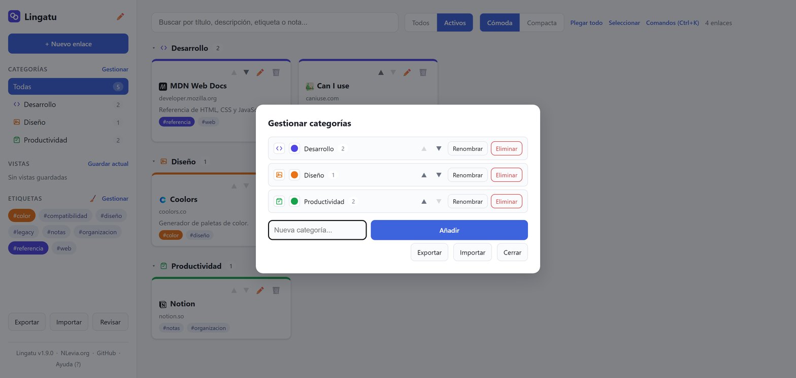 Panel de gestión de categorías de Lingatu, con un selector de color personalizado para cada categoría.